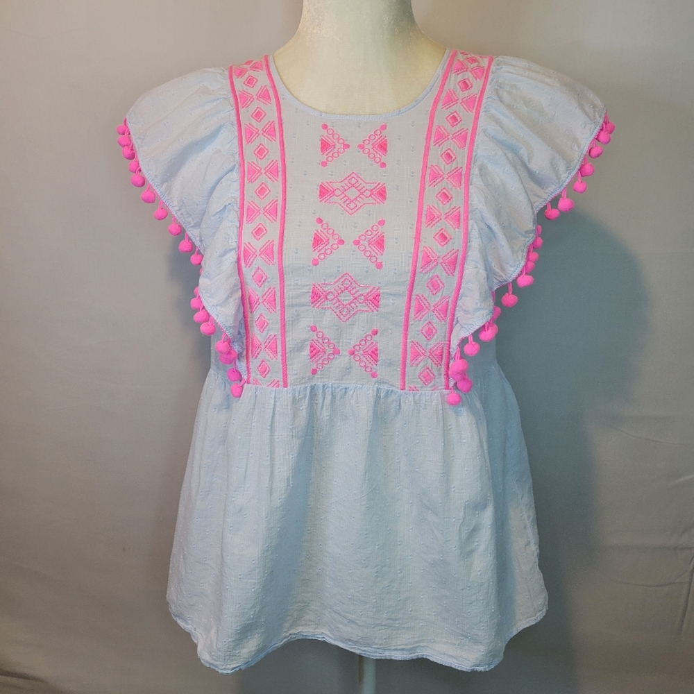 Lilly Pulitzer Raquelle Swiss Dot Dobby Chambray Flutter Pom Pom  Top Size L